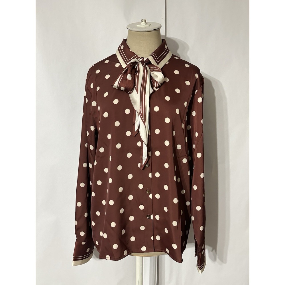 Rachael Zoe Brown Cream Polka Dot Collared Button Front Blouse-Detachable Scarf